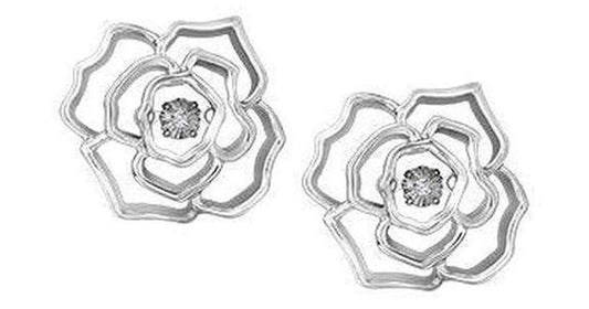 Sterling Silver Canadian Dancing Diamond (0.02 ct T.W.) Rose Flower Studs