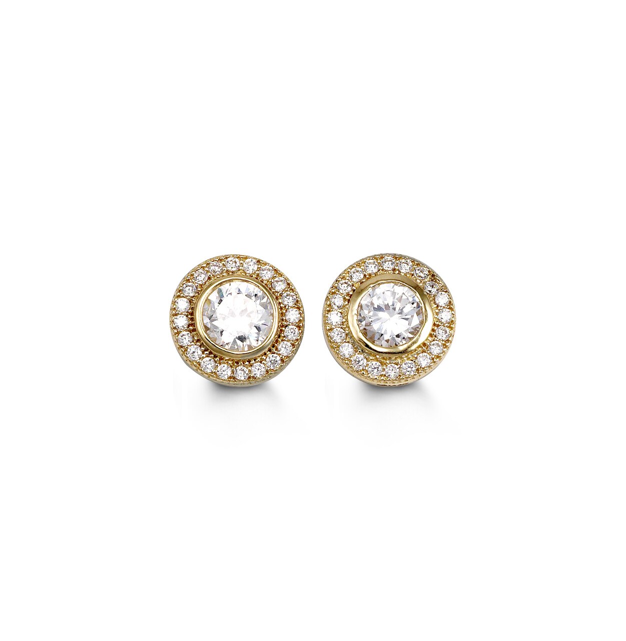 Bella Studs and Drops CZ Halo Pave Gold Studs in Bezel Style | St ...