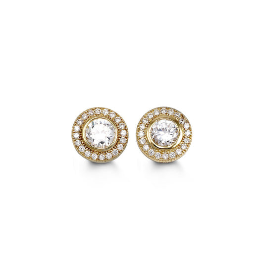 CZ Halo Pave Yellow Gold Studs in Bezel Style