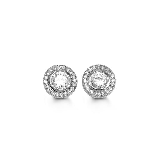 CZ Halo Pave White Gold Studs in Bezel Style