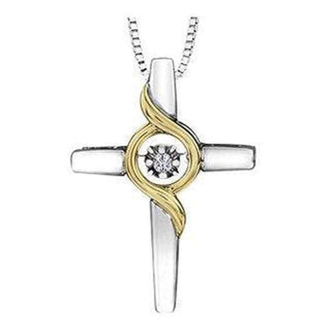 Sterling Silver & 10k Yellow Gold Canadian Dancing Diamond (0.03 ct T.W.) Cross Necklace
