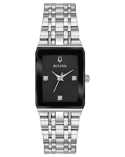 Bulova Quartz Quadra Black Dial Diamond Rectangular Steel Watch 96P202