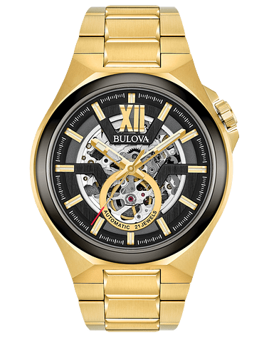 Bulova Maquina Men's Gold-tone Black Skeleton Dial Automatic Watch 98A178