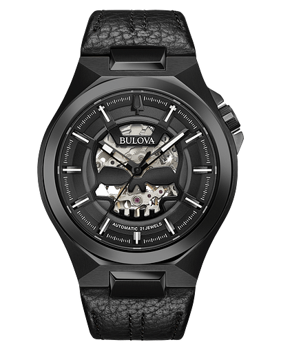 Bulova Maquina Automatic Skeleton Black Leather Strap Watch 98A238