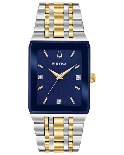 Bulova Quadra Blue Dial Diamond Rectangular Steel Watch 98D154