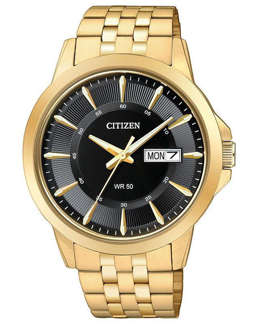 Citizen Quartz Gold-Tone Watch with Black Dial (Model BF2013-56E)