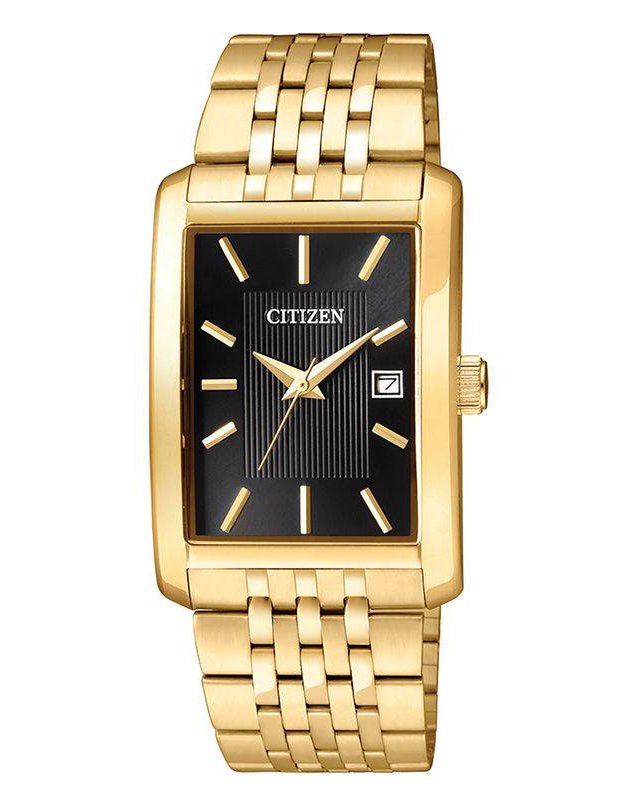 Citizen Quartz Gold-Tone Watch with Tonneau Black Dial (Model BH1673-50E)