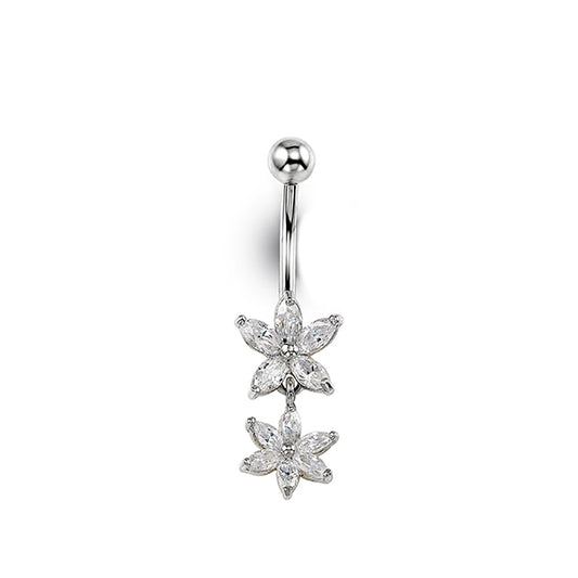 CZ Flowers Dangling Belly Ring in 14K White Gold