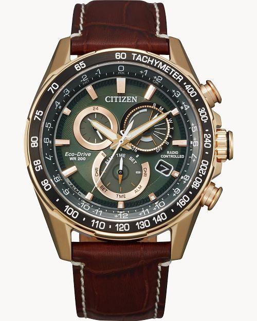 Citizen Eco-Drive PCAT Rose Gold-Tone Watch with Leather Strap (Model CB5919-00X)