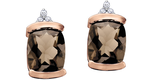 Smokey Quartz & Diamond Stud Earrings in Rose & White Gold