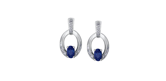 Sapphire Open Circle Diamond Drop Earrings in White Gold