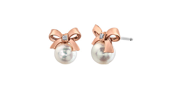 Pearl Diamond Accent Ribbon Stud Earring in White Gold