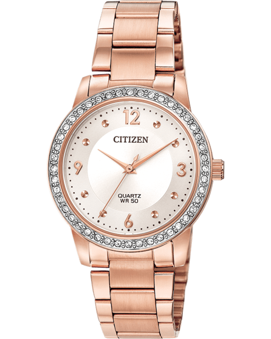 Citizen Quartz Crystal Accent Rose-Tone Watch with Silver-Tone Dial (Model EL3093-83A)