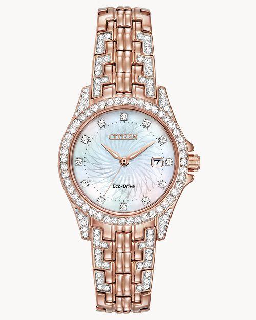 Citizen Eco-Drive Silhouette Crystal Accent Rose -tone Watch with Mother-of-Pearl Dial (Model EW1228-53D)