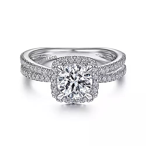 Gabriel & Co-14k White Gold Cushion Halo Round Diamond Engagement Ring - 0.39 ct