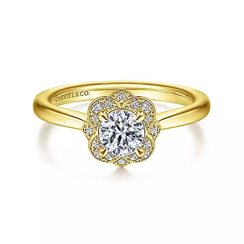 Gabriel & Co-14k Yellow Gold Floral Halo Round Diamond Engagement Ring - 0.07 ct