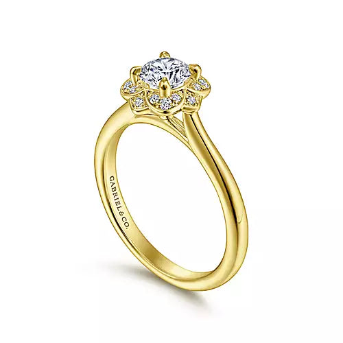 Gabriel & Co-14k Yellow Gold Floral Halo Round Diamond Engagement Ring - 0.07 ct