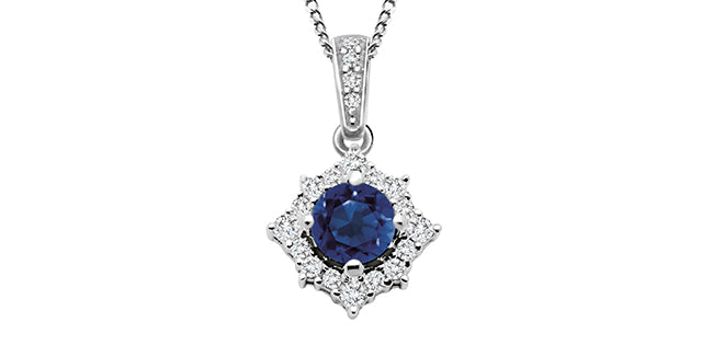 Sapphire Halo Diamond Starbust 14K White Gold Necklace