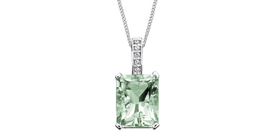 Green Amethyst Radiant Cut Diamond pendant in White Gold