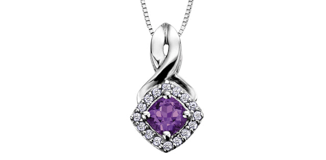 Cushion Cut Amethyst Diamond Halo Pendant in White Gold