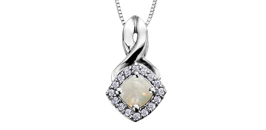October Cushion Cut Opal Diamond Halo Pendant in White Gold