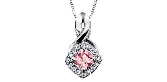 Cushion Cut Pink Tourmaline Diamond Halo Pendant in White Gold