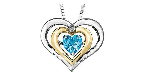 Dancing Blue Topaz Two Tone Gold Double Heart Pendant