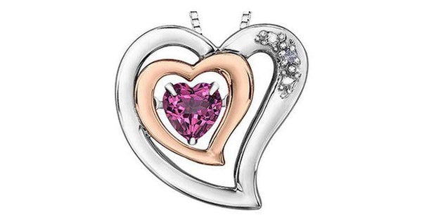 Dancing Pink Topaz Two Tone Gold Titled Double Heart Pendant