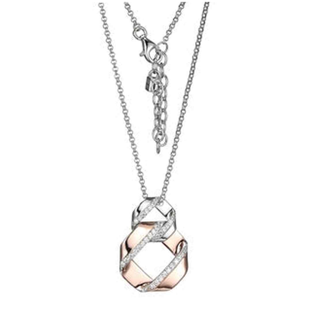 SS ELLE "LATTICE" INTERTWINED CIRCLE NECKLACE WITH CZ IN RHODIUM & ROSE GOLD PLATING.18+2"