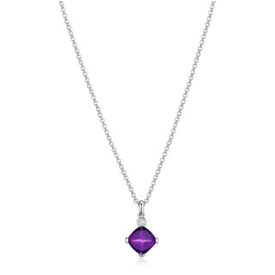 SS ELLE "MARBLE" RHODIUM PLATED SYNTHETIC AMETHYST CUSHION CUT 8X5MM & CUBIC ZIRCONIA NECKLACE 16"+3" EXTENSION