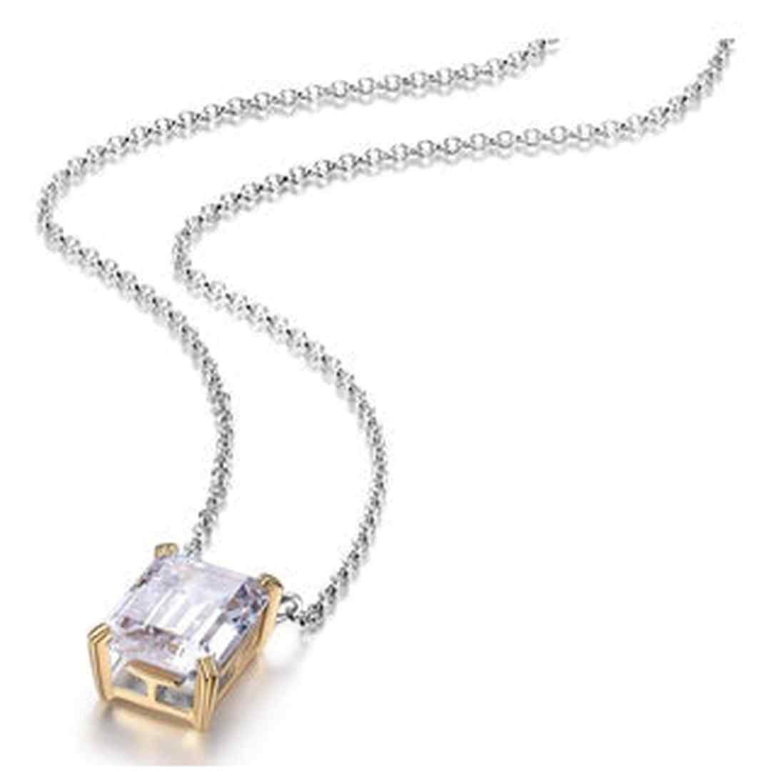 SS ELLE "SIGNATURE" 2 TONE RHOD/GOLD PLATED 10X8MM EMERALD CUT 3A CUBIC ZIRCONIA NECKLACE 17+2" EXTENSION