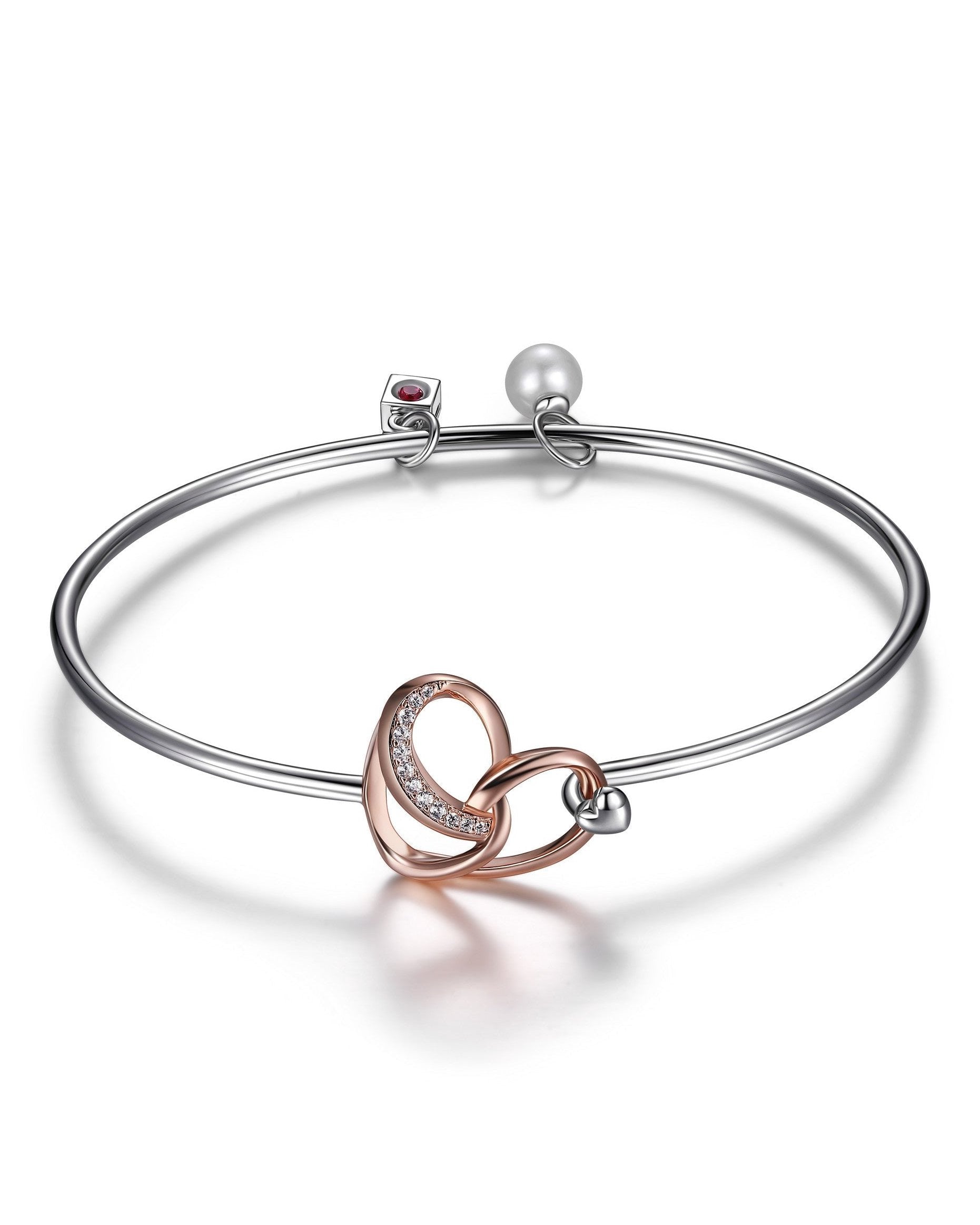 SSRGP Cubic Zirconia Heart Bangle with Genuine Pearl 6.75". Stone size: 5.5-6(mm)