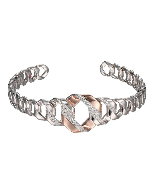 SS ELLE "LATTICE" INTERTWINED OPEN CUFF WITH CZ IN RHODIUM & ROSE GOLD PLATING. 6.75"