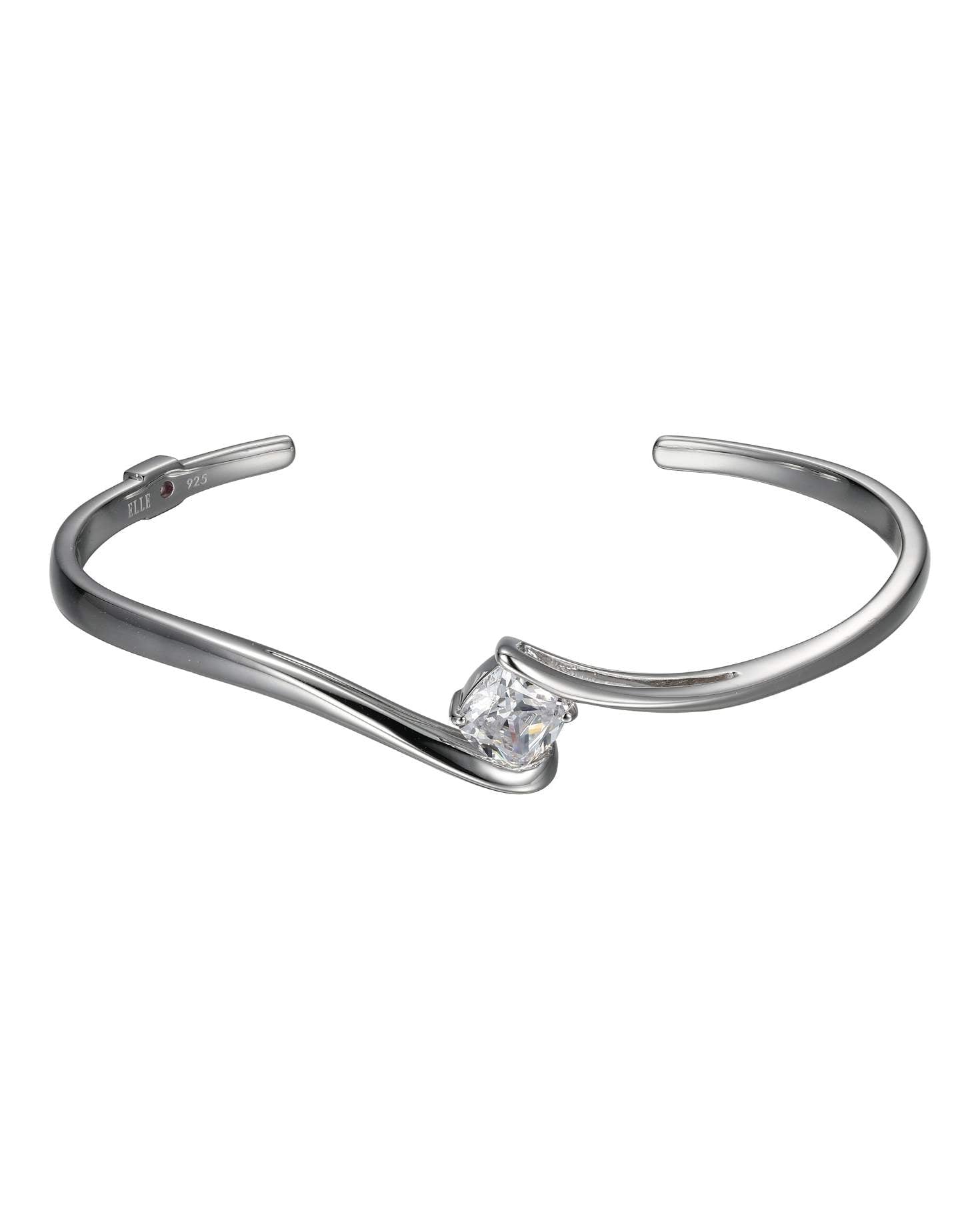 SS ELLE "PROMISE" 7MM CUSHION CZ OPEN CUFF IN RHODIUM PLATING. 6.75"