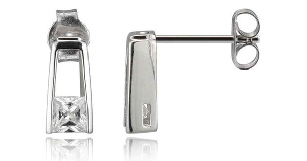 Sterling Silver Rhodium Plated Princess Cut Cubic Zirconia Post Earring. Stone size: 4(mm)