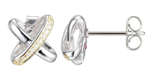 Sterling Silver Rhodium and Gold Plated Criss Cross Cubic Zirconia Post Earring