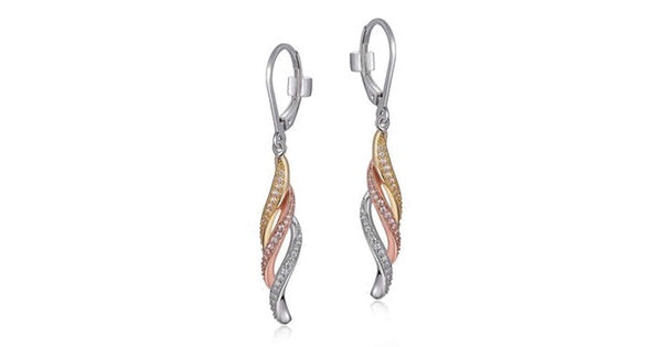 Sterling Silver Rhodium and Gold Plated 3-Tone Twisted Cubic Zirconia Leverback Earring
