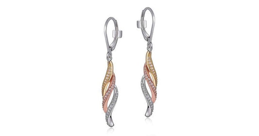 Sterling Silver Rhodium and Gold Plated 3-Tone Twisted Cubic Zirconia Leverback Earring