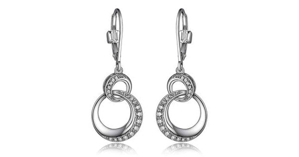"HUG" RHODIUM PLATED DANGLE CIRCLE LINK LEVER BACK EARRING WITH CZ