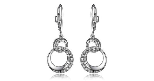 "HUG" RHODIUM PLATED DANGLE CIRCLE LINK LEVER BACK EARRING WITH CZ