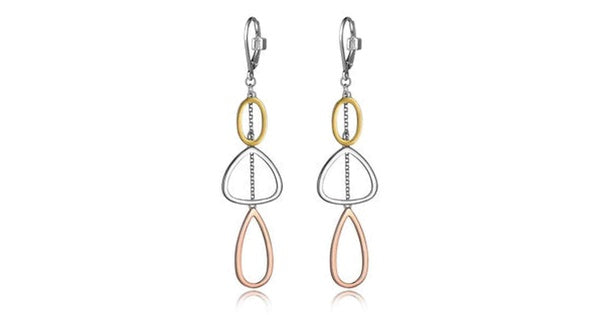 TRINITY 3TONE RHOD&ROSE& GOLD PLATED TRIPLE LINK DANGLE LEVER BACK EARRING. NO STONE