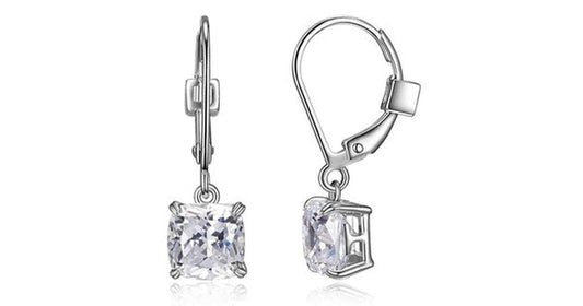 "SIGNATURE" RHODIUM PLATED 7MM CUSHION CUT 3A CUBIC ZIRCONIA DANGLE EARRING WITH LEVER BACK