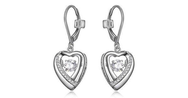 "AMOUR" RHODIUM PLATED HEART DANGLE EARRING WITH ROUND 4.5MM ROUND 3A CUBIC ZIRCONIA DANCING STONE