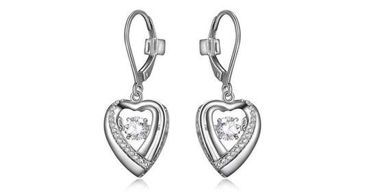 "AMOUR" RHODIUM PLATED HEART DANGLE EARRING WITH ROUND 4.5MM ROUND 3A CUBIC ZIRCONIA DANCING STONE