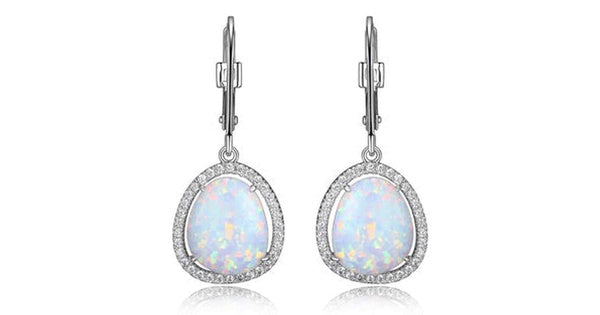 HALO RHODIUM PLATED 11.5X9.5MM SYNTHETIC OPAL AND 3A CUBIC ZIRCONIA HALO DANGLE EARRING WITH LEVERBACK