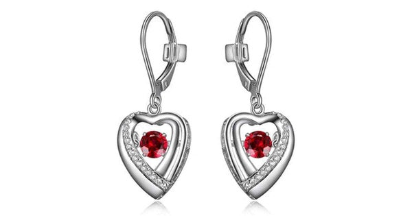"AMOUR" RHODIUM PLATED HEART DANGLE EARRING WITH ROUND 4MM ROUND SYNTHETIC RUBY DANCING STONE