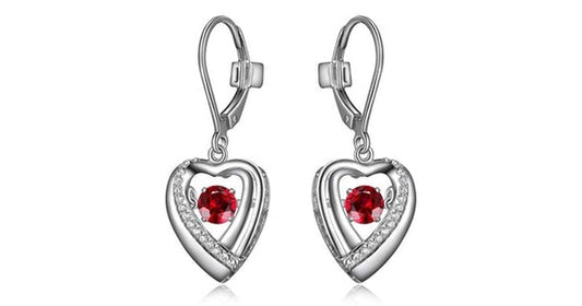 "AMOUR" RHODIUM PLATED HEART DANGLE EARRING WITH ROUND 4MM ROUND SYNTHETIC RUBY DANCING STONE