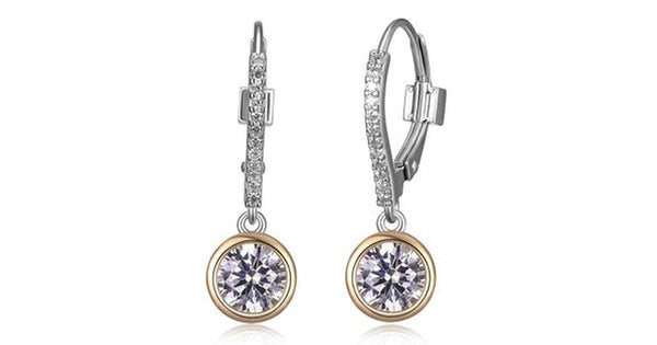 "SPHERE" 6MM BEZEL SET EARRING WITH CZ IN RHODIUM & GOLD PLATING.