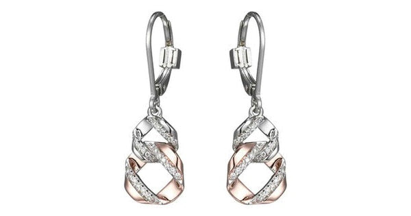 LATTICE INTERTWINED CIRCLE EARRINGS WITH CZ IN RHODIUM & ROSE GOLD PLATING..