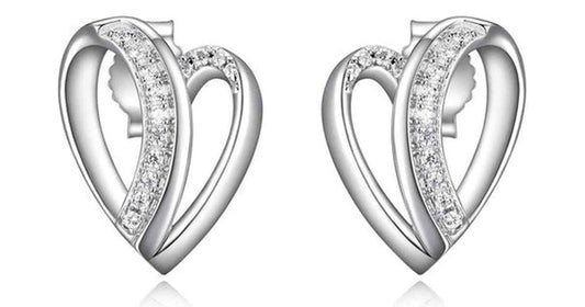 AMOUR RHODIUM PLATED OVERLAPING HEART STUD EARRING 15X11MM WITH CUBIC ZIRCONIA